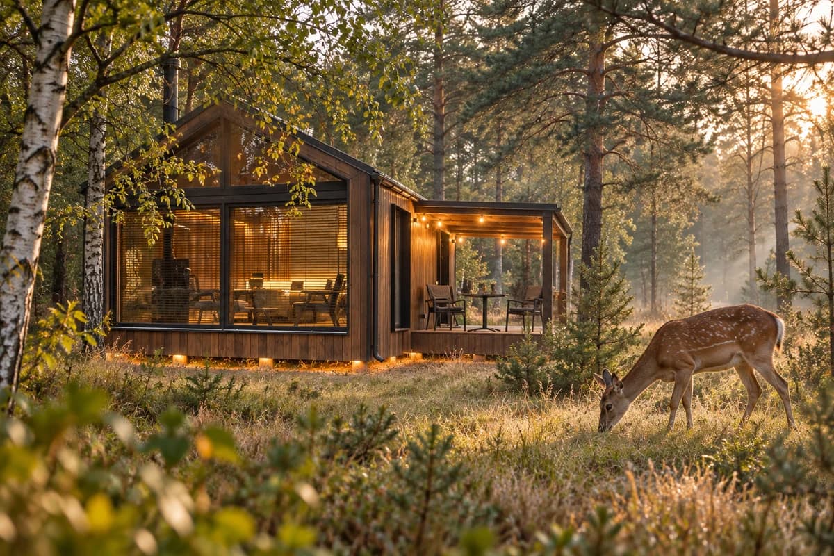 A lodge in the forest and a deer in the clearing